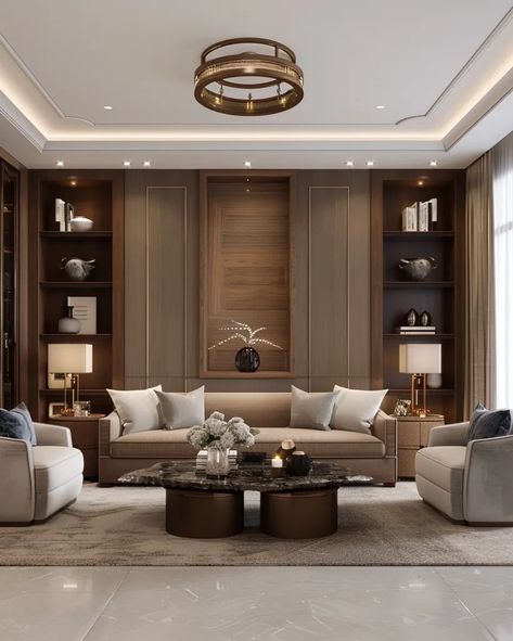 Modern living room with brown, white, wood, and leather furnishings. L Shaped Sofa Designs, Recycle Material, Modern Home Offices, Shape Sofa, Large Window, L Shaped Sofa, Large Windows, Ceiling Design, Made Of Wood