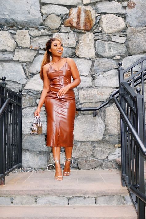 Brown leather midi dress from Fashion Nova | Leather Dress | Brown dress for black women | Black & Bougie | Date Night Outfits | Fly Fierce Fab Brown Leather Dress Outfit, Leather Dress Outfit Night, Faux Leather Dress Outfit, Dress For Black Women, Leather Dress Outfit, Faux Leather Outfits, Baddie Vibes, Brown Leather Dress, Leather Midi Dress