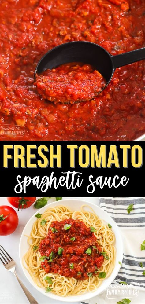 Spaghetti Sauce takes on a fresher, more vibrant flavor when you make it with juicy garden tomatoes. Spaghetti Sauce with Fresh Tomatoes will stay good in the refrigerator for about three to four days. Any longer than that, you may just want to freeze it for later. #freshtomatosauce #tomatosauce #homemadetomatosauce #spaghettisauce #freshtomatoes Homemade Spaghetti Sauce Easy With Garden Tomatoes, Homemade Spaghetti Sauce With Garden Tomatoes, Spaghetti Sauce Recipe From Fresh Tomatoes, Spaghetti Sauce Whole Peeled Tomatoes, Spagetti Sauce From Fresh Tomatoes, Spaghetti Sauce Homemade Fresh Tomatoes Recipes, Pasta Sauce Recipes From Fresh Tomatoes, Fresh Garden Tomato Spaghetti Sauce, How To Make Fresh Spaghetti Sauce