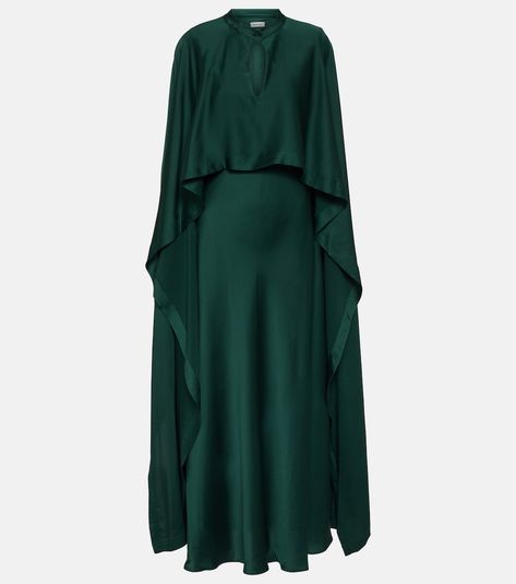 Amory caped gown in green - Simkhai | Mytheresa Long Green Silk Dress, Simple Modest Dress, Green Modest Dress, Caped Gown, Abaya Aesthetic, Emerald Green Outfit, Hijabi Dresses, Modest Casual, Cape Gown