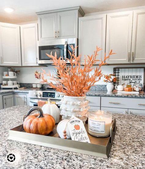 Fall Decor For Grey Kitchen, Decorating Kitchen Table For Fall, Simple Fall Island Decor, Fall Decor For Island, Kitchen Bar Fall Decor, Fall Kitchen Counter Decor Ideas, Fall Decor For Kitchen Counter, Kitchen Island Decor Fall, Fall Island Decor Ideas