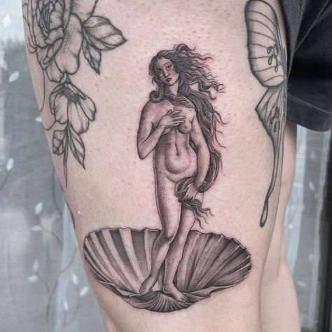 Aphrodite Tattoo, Venus Tattoo, Third Eye Tattoos, Explore Tattoo, Birth Of Venus, Handpoke Tattoo, Mermaid Tattoo, Painting Tattoo, Thigh Tattoos Women