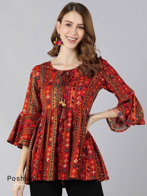 Short Kurti Designs, Cotton Short Tops, Kurti For Women, Printed Peplum Top, Short Kurta, Gotta Patti, Simple Kurta Designs, Tunic Designs, Dress Neck