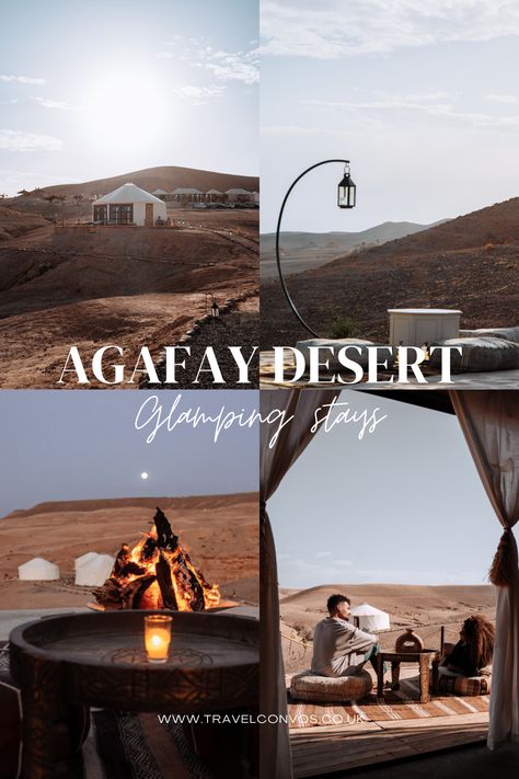 Four different photos of a camp in Morocco, Agafay desert. The first photo has a white tent, the second photo a lamp in a bow together with square pillows on the ground. The third photo has a campfire with two white tents on the background and the fourth photo is with two people, a man and a woman, who are sitting on the ground watching the view of the stone desert. Yurt Tent, Black Steel Frame, Luxury Camping, Morocco Travel, Sahara Desert, Most Beautiful Cities, Marrakech, Glamping, Morocco