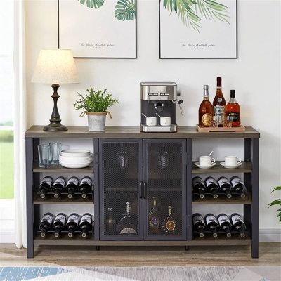 Industrial Wine Bar, Wine Rack Metal, Wood Coffee Bar, Sideboard With Wine Rack, Brown Chest Of Drawers, Metal Sideboard, Bedroom Storage Cabinets, Wine Bar Cabinet, Metal Wine Rack