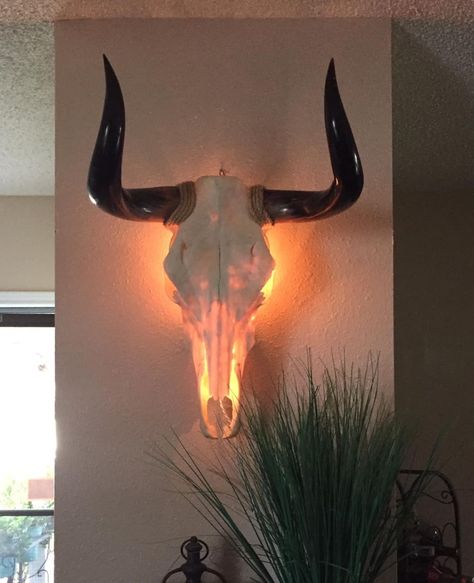 Feminine Country Decor, Cow Skull Decor Bedroom, Western Bedroom Lights, Cow Skull Mount Ideas, Cute Skull Decor, Deer Skull Light, Longhorn Skull Decor Living Room, Decorative Deer Skulls, Western Gothic Aesthetic Bedroom