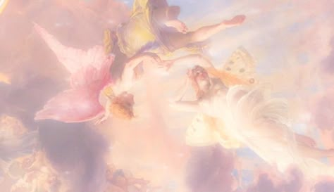 Three angels touch amidst soft clouds in pink and golden hues Angel Aesthetic Wallpaper, Ethereal Angel, Aesthetic Angel, Angel Wallpaper, Ethereal Aesthetic, Angel Aesthetic, Aesthetic Wallpaper, Angel, Pink