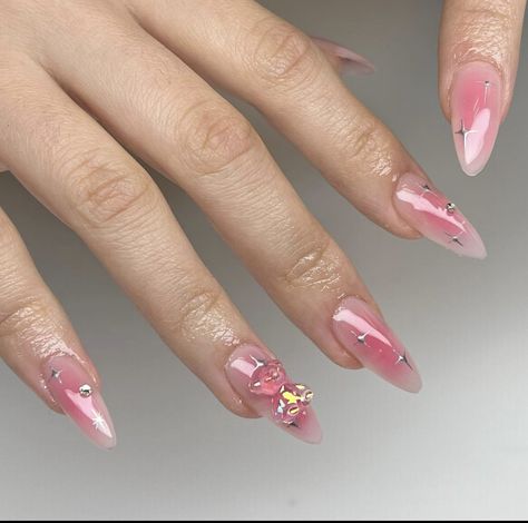 Pink Kpop Nails, Almond Nails Kawaii, Almond Nails Jelly, Korean Aura Nails, Pink Bubble Nails, Pink Korean Nails Almond, Teddy Bear Almond Nails, Korean Glass Nails Almond, Jelly Aura Nails