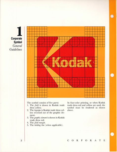 Page from Kodak's Corporate Identity Manual, circa 1984 Kodak Branding, Corporate Identity Manual, Film Branding, Kodak Logo, Photoshop Keyboard, Seymour Chwast, Brand Poster, Logo Guidelines, Style Tiles