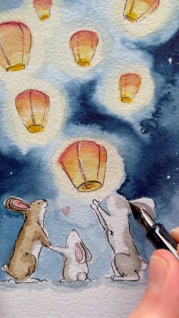 Ellie Hooi Illustration on Instagram: "Make a wish bunnies are now available as an A4 size print and greeting card 💙💫 I loved painting this starry sky and the floating lanterns • • • #floatinglanterns #chineselanternfestival #lanternfestival #bunniesofinstagram #rabbitofinstagram #bunnylover #rabbitlife #drawingvideo #artvideo #artworkoftheday #artwip #wipart #wipartwork #winterwatch #winterillustration #handdrawnart" Sky Lantern Drawing, Lantern Drawing Simple, Chinese Floating Lanterns, Chinese Lantern Drawing, Lanterns Drawing, Lantern Drawing, Wish Lanterns, Festival Paint, Art Competition Ideas