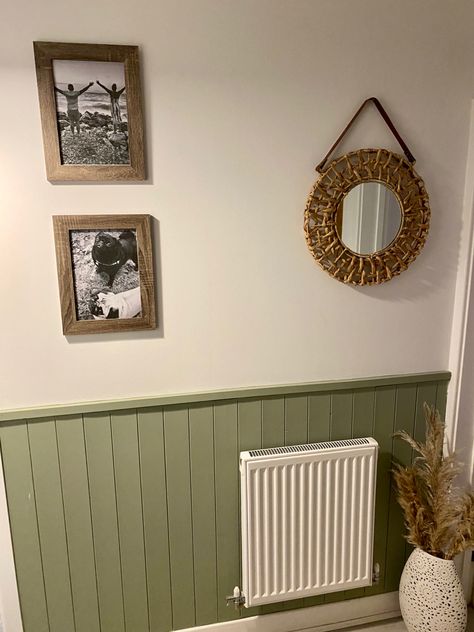 Olive green hallway panelling Hall Stairs And Landing Decor Sage Green, Hallway Panels Ideas, Sage Panelling Hallway, Olive Hallway Ideas, Wall Paneling Green, Olive Green Panelling Living Room, Sage Green Panelling Hallway, Sage Green Paneling, Sage Panelling Living Room