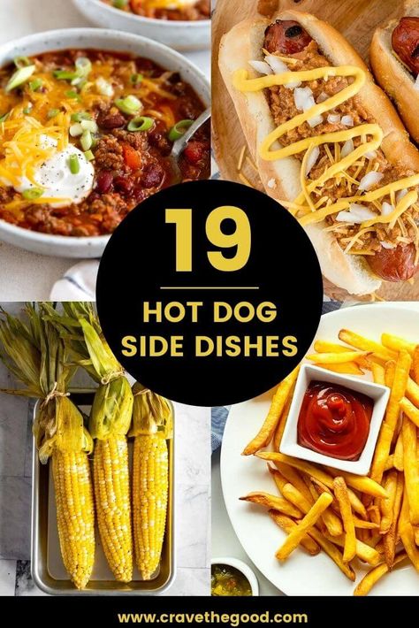 What To Serve With Hot Dogs | Who doesn't love a delicious hot dog? But sometimes, you want something a little different to go with your dog. That's why we've put together this list of amazing side dishes that will take your meal to the next level. Whether you're in the mood for a healthy salad or some decadent mac and cheese, we've got you covered. So scroll through our list and find the perfect side dish for your next hot dog feast! cravethegood.com Chili Cheese Dogs Sides, Side With Hot Dogs, Side Dish For Hot Dogs Ideas, Chili Dogs Sides, What Goes With Hot Dogs Sides, Side Dishes For Chili Dogs, Hot Dog Side Dishes Ideas, Chili Dog Side Dishes, Sides For Chili Dogs