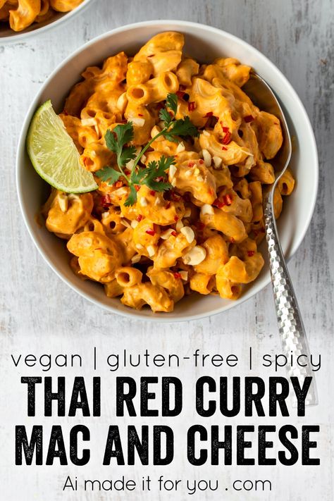 Vegan Red Curry Mac and Cheese (stovetop recipe) - Ai made it for you Curry Mac And Cheese, Red Curry Paste Uses, Chilli Mac And Cheese Vegetarian, Vegan Chili Mac And Cheese, Vegan Chilli Mac And Cheese, Thai Red Curry Tofu Recipe, Thai Red Curry Vegetarian, Vegan Mac N Cheese, Curry Pasta