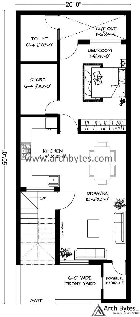 House Plan for 20 X 50 feet, 111 square yards gaj, Build up area 1000 Sq feet, ploth width 20 feet, plot depth 50 feet. No of floors 1. 20 50 House Plan, Smart House Plans, Mini House Plans, 30x50 House Plans, Small House Design Architecture, 20x40 House Plans, Simple Floor Plans, Narrow House Designs, 2bhk House Plan