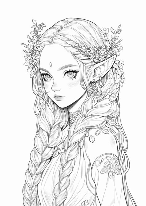 Elf Girl Drawing, Free Fairy Coloring Pages, Elf Coloring Pages, Elf Coloring, Princess Portrait, Elf Princess, Elf Drawings, Manga Coloring Book, Portrait Pencil