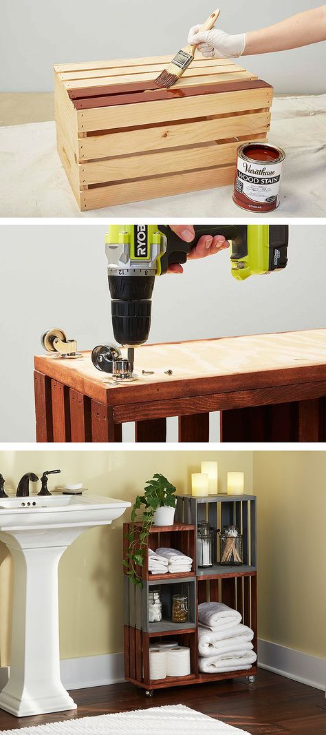 Turn ordinary wooden crates into cool bathroom storage on wheels. Just follow our step-by-step tutorial. Diy Bathroom Storage, Bedroom Organization, Bathroom Storage Shelves, Diy Bedroom, Organization Diy, Vintage Diy, Wooden Crates, Diy Bathroom, Diy Storage