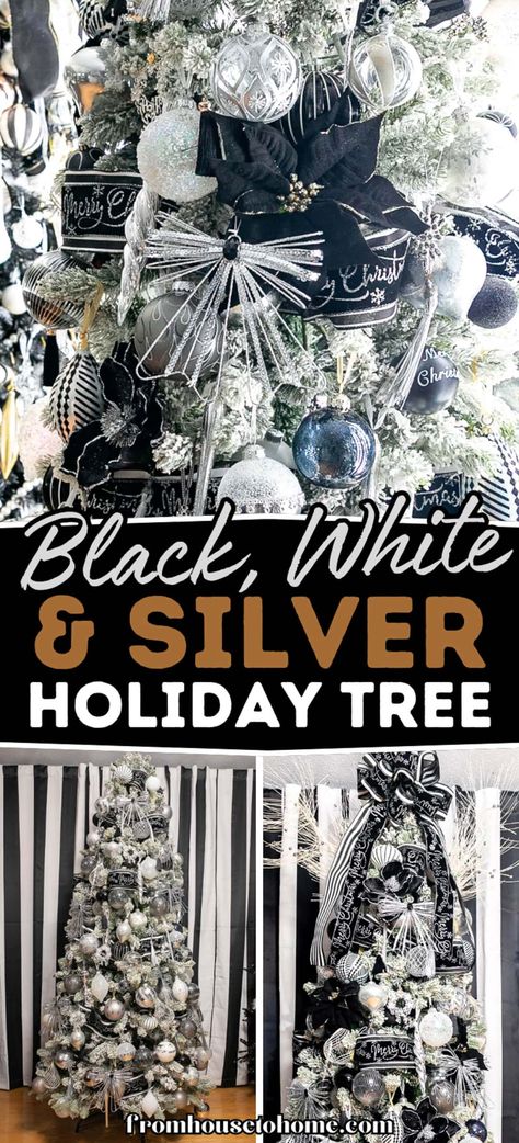 Black, white, silver holiday tree. Black And White Christmas Tree Topper, Black And White Decorated Christmas Tree, Black White And Silver Christmas Tree, Silver And Black Christmas Tree, Black And Silver Christmas Decorations, Black And White Christmas Tree Ideas, White And Silver Christmas Tree, Christmas Pictures With Lights, White And Silver Christmas