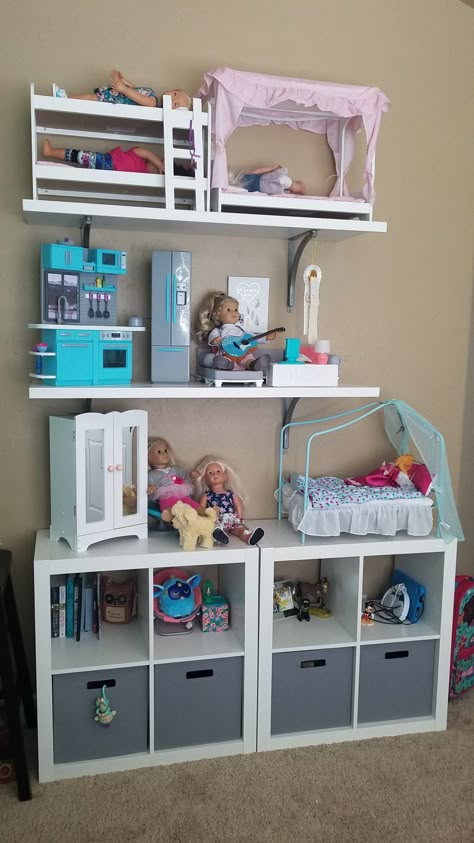 Doll House Storage Kids Rooms, American Doll Play Area, Closet Doll House, Doll Storage Ideas Organizing Bedroom, Ag Doll Storage, My Life Dolls Organization, 18in Doll Storage, Our Generation Doll Accessories Storage, American Doll Storage Ideas Organizing