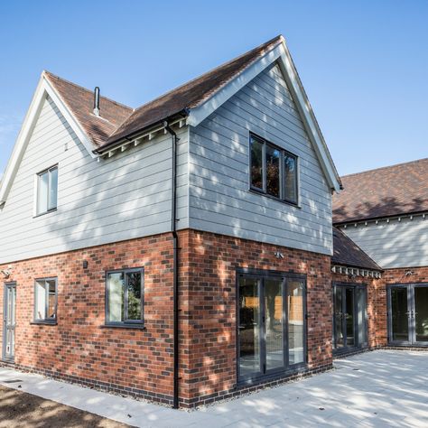 Cedral Click fibre cement cladding Weatherboard And Brick Exterior, Brick And Render Exterior Uk, Brick And Render Exterior, Cedral Cladding, Classic Home Exterior, House Exterior Cladding, Bungalow Inspiration, House Frontage, Wood Cladding Exterior