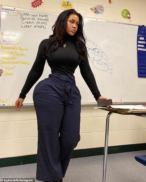 Curvy New Jersey elementary school teacher slammed for wearing VERY tight outfits in the classroom | Daily Mail Online Curvy College Outfits, Middle School Teacher Outfits Black Women, Teachers Outfits High School, Outfits For School Teachers, Black Elementary School Teacher, Teacher Outfits With Jeans, Teacher Jeans Outfit, Black Teacher Outfits High School, Teachers Outfits Elementary