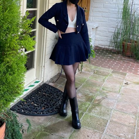 Navy Blue Skirt Outfits Short, Dark Blue Skirt Outfit Ideas, Navy Blue Skirt Outfit Ideas, Tight Skirt Outfit, Blue Skirt Outfits, Skater Skirt Outfit, Dark Blue Coat, Hoco 2024, Blue Skater Skirt