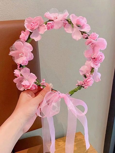 1pc Pink Flower Crown Hairband With Pink Ribbons For Girls | SHEIN USA Pink Hairband, Flower Hairband, Pink Bohemian, Pink Flower Crown, Flower Hair Band, Crown For Kids, Flower Crown Headband, Floral Rosa, Floral Garland