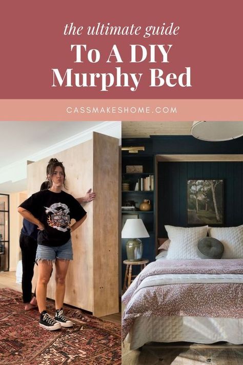 Build your own Murphy bed with detailed instructions and plans! It's a great space saver and looks like built-ins on your wall! Perfect for a multi-purpose room! Click here to get this ultimate DIY furniture guide for a built-in bed. Built In Pull Out Bed, Build A Murphy Bed Queen Size, Rv Murphy Bed Ideas, Diy Murphy Bed With Desk, Hidden Beds Ideas Space Saving, Hidden Murphy Bed, Diy Murphy Bed Plans, Twin Size Murphy Bed, Murphy Bed Office