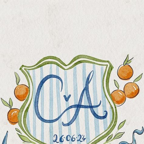 Elsa Gladstone on Instagram: "The final product. Digital wedding crest to use all over your stationery and wedding website! 🍊

This is a great option when trying to keep the budget down, totally bespoke and beautiful as well as super useful for multiple assets and gives a bespoke look. 

Tag someone who’s planning their wedding 💍" Wedding Crests, Wedding Crest Monogram, Watercolor Crest, Stationary Ideas, Crest Monogram, Crest Design, Family Crests, Wedding Crest, Wedding Tablecloths