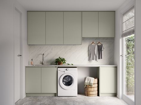 Laminex Seed, Laminate Benchtop, Formica Colors, Green Kitchen Designs, Stone Laminate, Laundry Ideas, Laundry Cabinets, Grey Laminate, The Local Project