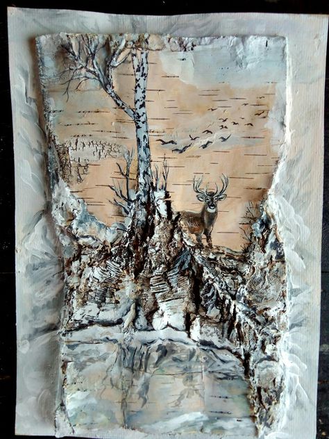 Painting On Birch Bark, Wilderness Crafts, Birch Bark Crafts Diy, Tree Bark Crafts, Bark Crafts, Birch Art, Bark Painting, Birches Painting, Birch Bark Crafts