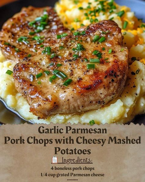 Savory Garlic Parmesan Pork Chops with Creamy Cheesy Mashed Potatoes 🍽️✨ Indulge in a mouthwatering dinner with these Garlic Parmesan Pork Chops paired perfectly with Creamy Cheesy Mashed Potatoes! This delightful dish is sure to impress your family and friends. Don't forget to comment with your thoughts and save this recipe for your next culinary adventure! 💬💖 Ingredients: 4 boneless pork chops 1/4 cup grated Parmesan cheese 2 cloves garlic, minced 2 tablespoons olive oil 4 large potatoes, ... Garlic Parmesan Pork Chops And Potatoes, Baked Ranch Pork Chops, Garlic Parmesan Pork Chops, Pork Chop Dishes, Parmesan Pork Chops, Boneless Pork Chop Recipes, Ranch Pork Chops, Pork Chops And Potatoes, Cheesy Mashed Potatoes