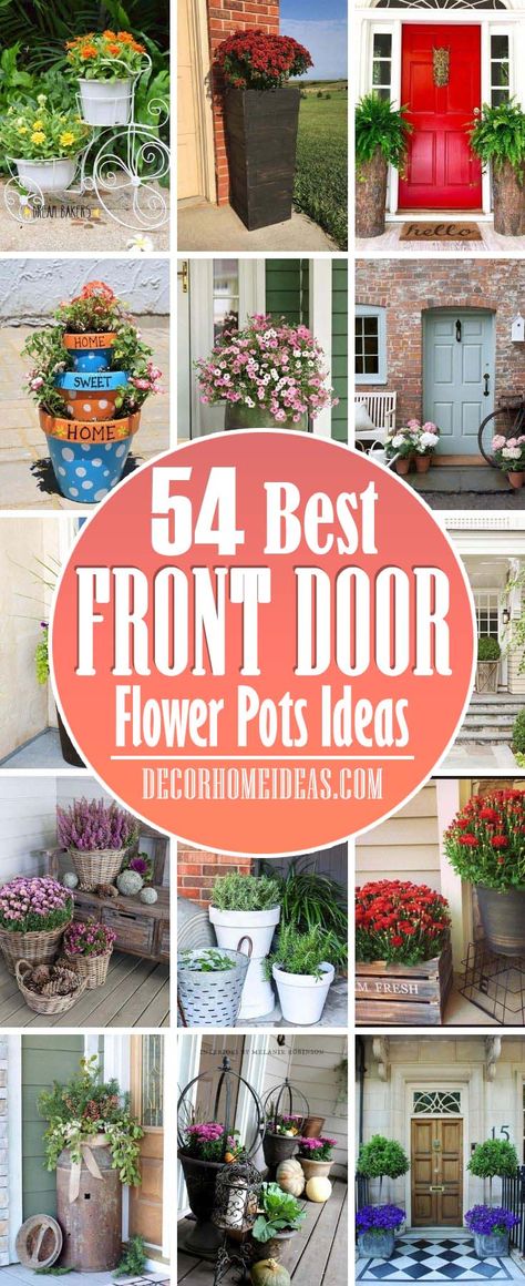 Flower Pots Front Door, Flower Pot Front Door, Flower Front Door, Main Door Flower Pots, Front Porch Potted Flowers, Small Front Door Garden Ideas, Flower Pots By Garage Doors, Planters Outside Front Door, Entryway Potted Plants