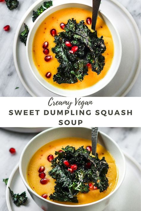 A delicious healthy, vegan, & gluten-free Sweet Dumpling Squash Soup recipe! If you've ever wondered how to cook sweet dumpling squash, it tastes best roasted & blended into a creamy soup. This easy dairy-free blender soup is so creamy & the best winter squash soup that is Whole30 friendly, paleo, low carb, & so cozy! #sgtoeats #sweetdumplingsquashsoup Dumpling Squash, Sweet Dumpling Squash, Winter Squash Soup, Blender Soup, Roasted Vegetable Soup, Kale Chip Recipes, Crunchy Chickpeas, Dairy Free Soup, Sweet Dumplings