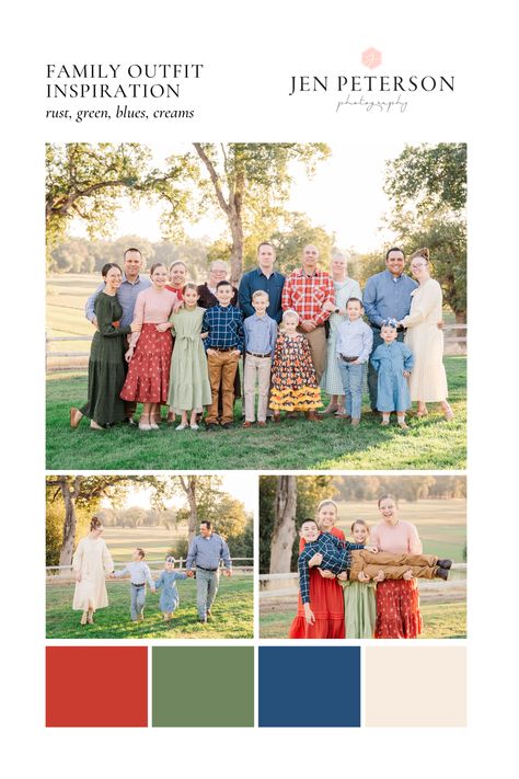 Planning outfits for a large extended family session can be difficult! In this blog post I share tips on how we accomplished this color palette for our fall family session. Rust, Green, Blues, and Cream are great colors for fall!! Make A Color Palette, Shasta Lake, Coordinating Outfits, Fall Color Palette, Family Photo Outfits, Big Family, Family Photo Sessions, Fall Family, Family Outfits