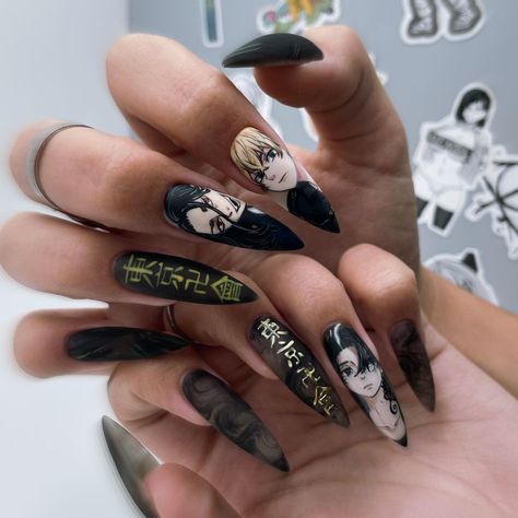 Tokyo Revengers Nails, Anime Nails, Grunge Nails, Really Cute Nails, Pretty Gel Nails, Long Acrylic Nails Coffin, Anime Design, Acrylic Nails Coffin, Dream Nails