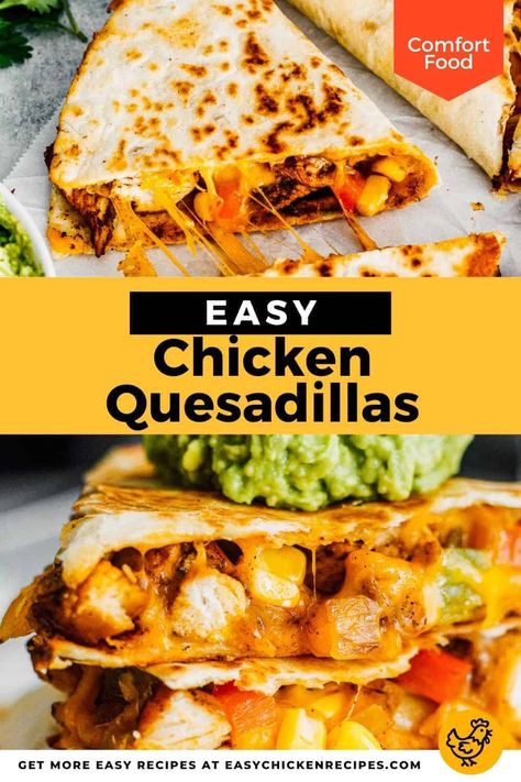 These Easy Chicken Quesadillas are loaded with melted cheese, seasoned chicken and pepper filling. Easy to make, this Mexican comfort at it's finest! Chicken Quesadillas Easy, Easy Chicken Quesadillas, Chicken Quesadillas Recipe, Quesadilla Recipes Easy, Chicken Quesadilla Recipe, Comfort Food Chicken, Seasoned Chicken, Quesadilla Recipes, Easy Comfort Food