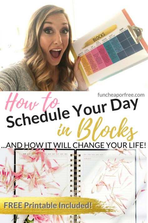 OH MY LIFE-CHANGING! The Block Schedule System; how to schedule your day in blocks. This has seriously changed EVERYTHING for me! Such a simple concept! Video and free printable included! From FunCheapOrFree.com Block Schedule Template, Time Blocking Printable, Time Blocking Schedule, Schedule Your Day, Block Schedule, Block Scheduling, Week Schedule, Day Schedule, Time Blocking