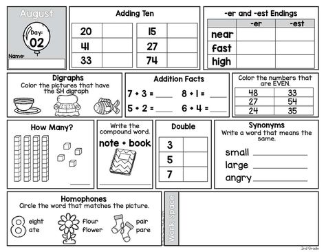 Want to start the school year with effective bell ringers? Our August worksheets provide a thorough math and literacy spiral review, perfect for morning work and homework. Save this pin to access free printables and educational resources! August Worksheets, Free Morning Work, Worksheets For 2nd Grade, Math Morning Work, Homework Activities, Spiral Review, Addition Facts, Bell Work, First Week Of School