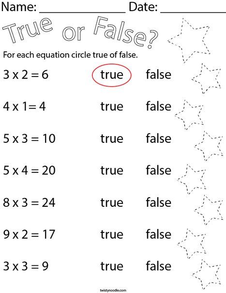 True or False Multiplication Equations Math Worksheet - Twisty Noodle Addition Worksheets First Grade, Holiday Math Worksheets, Equations Worksheets, Math Division Worksheets, Maths Paper, Twisty Noodle, Maths Worksheets, First Grade Worksheets, Algebra Worksheets