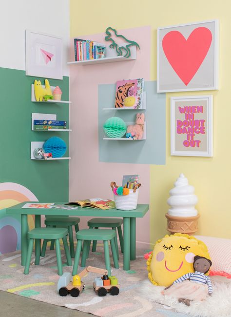 Block Shelves, Whimsical Playroom, Playroom Decor Ideas, Baby Playroom, Kids Playroom Decor, Oh Joy, Focal Wall, Small Shelves, Room Decor Ideas