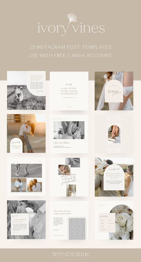 Neutral Instagram post templates for photographers, wedding planners and other creatives. To be used with free Canva account. Wedding Instagram Feed, Photographer Instagram Feed, Minimal Instagram Post, Set Design Photography, Minimal Instagram, Hipster Fonts, Photographer Templates, Elephant Silhouette, Alphabet Style