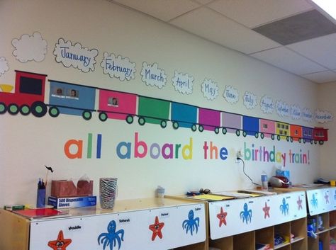 Birthday Board Ideas, Trains Preschool, Birthday Display In Classroom, Birthday Board Classroom, Toddler Teacher, Birthday Bulletin Boards, Infant Classroom, Birthday Bulletin, Birthday Display