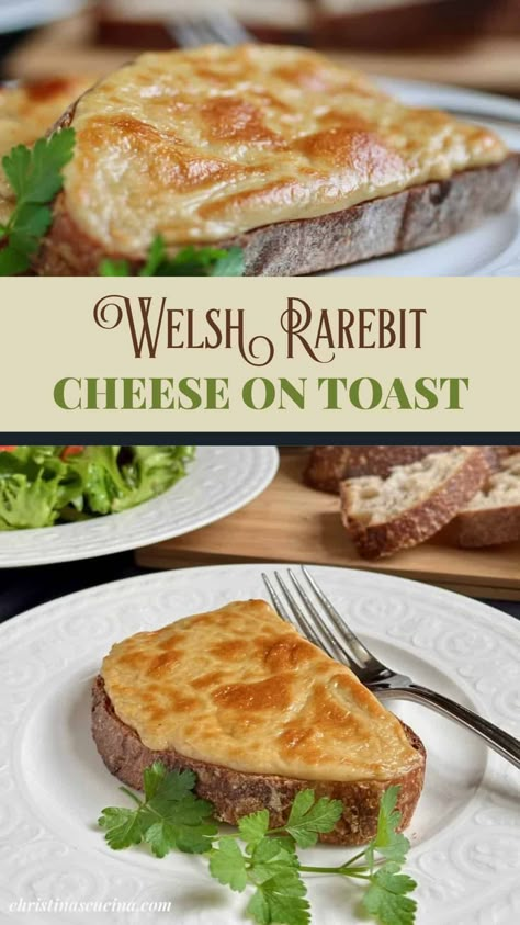 Welsh rarebit is an open-faced grilled cheese sandwich (cheese on toast) which comes together in minutes for a quick lunch anytime. Cheese Toastie Recipes, Lunch Treats, Breakfast Toasts, Sandwich Cheese, Cheese On Toast, Welsh Rarebit, Great British Food, British Cooking, British Recipes