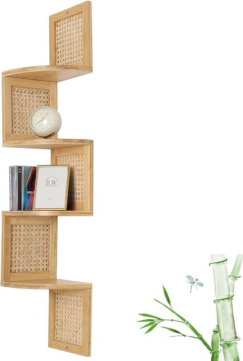 Amazon.com: FamilleElement Bamboo 4-Tier Corner Shelf Natural Rattan Floating Corner Shelves Wall Mount Shelves for Living Rooms, Bedroom, Office (02-Bamboo) : Home & Kitchen Coener Shelf, Bamboo Shelves, Wall Mount Shelves, Green Room Decor, Floating Corner Shelves, Bamboo Shelf, Shelves Wall, Bamboo Board, Pooja Room Design