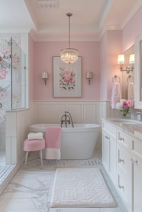 Blush Pink And Grey Bathroom Ideas, Modern Shabby Chic Bathroom, Pink Bathroom Modern, Bathroom Ideas Pink And White, Pink And White Bathroom Ideas, Pink Restroom Ideas, Bathroom Ideas Pink And Grey, Pink And White Apartment, White Pink Bathroom