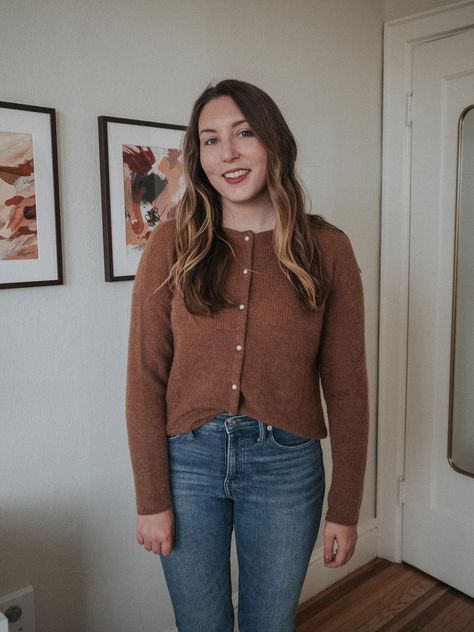 An Honest Review Of Sezane | Gaspard Jumper In Camel | W&S Sezane Cardigan Gaspard, Sezane Gaspard Jumper, Gaspard Cardigan Outfit, Sezane Gaspard Outfit, Sezane Outfit Ideas, Sezane Outfits, Brown Jumper Outfit, Camel Cardigan Outfit, Sezane Clothing