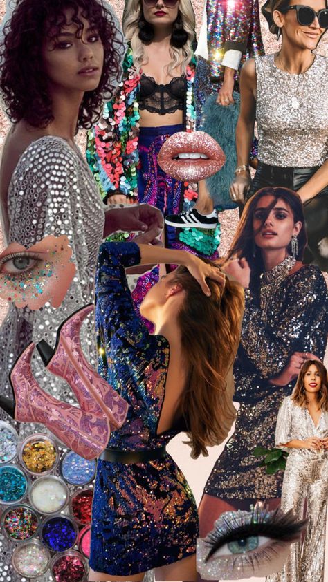 Sequin Mood Board, Sequin Hen Do Outfits, Sequin Theme Party, Sequin Aesthetic, Disco Glitz, Disco Jungle, Bach Themes, Glitter Outfits, Hen Do Outfits