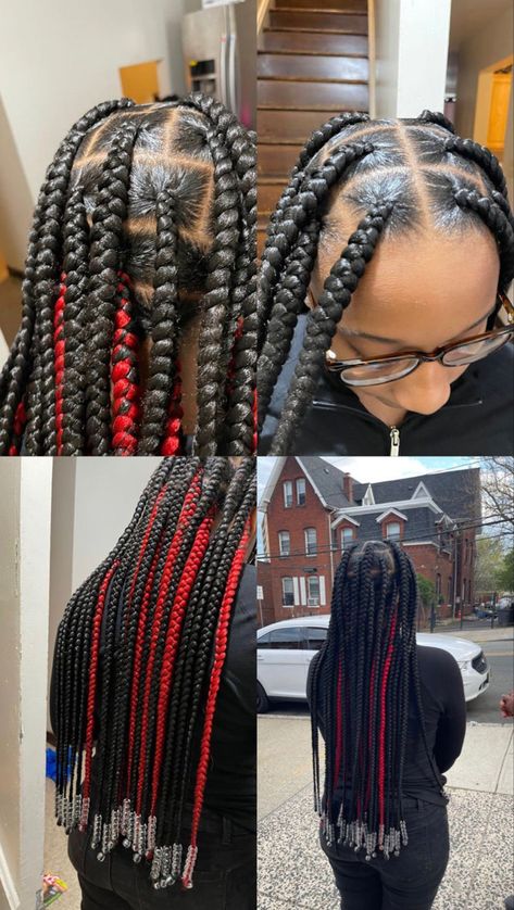 Peek A Boo Knotless Braids With Beads, Red And Black Knotless Braids Peekaboo, Red Knotless Box Braids With Beads, Braids Peek A Boo Color, Red Peekaboo Box Braids With Beads, Peek A Boo Braids With Beads, Red And Black Braids With Beads, Red Peekaboo Braids With Beads, Red Peekaboo Hair Braids