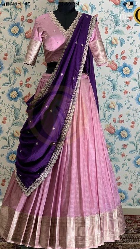 Traditional Half Saree Designs, Simple Lehenga Designs, Madonna Vogue, Blue Blouse Designs, Simple Frock Design, Lehenga Saree Design, Simple Lehenga, Half Saree Lehenga, Trendy Outfits Indian