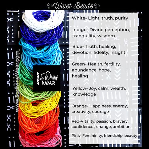 Waist Beads Color Meanings. Traditional African Tie-On Waist Beads Sodivine Wear Chakra Waist Beads, Waist Beads Color Ideas, Waist Beads Color Meaning, African Waist Beads Color Meaning, Waist Bead Color Meaning, Waist Beads Meaning, Waistbeads Meaning, African Waist Beads, Diy Waist Beads